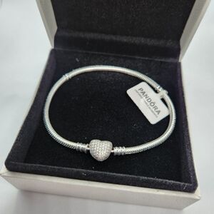 Pandora Moments Sparkling Heart Claps Snake Chain Bracelet Size 8.3 inches